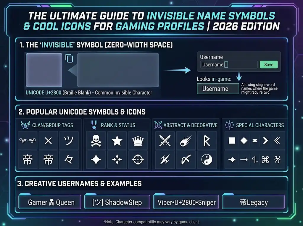 The ultimate guide to invisible name symbols and cool icons for gaming profiles 2026 | NameFonts