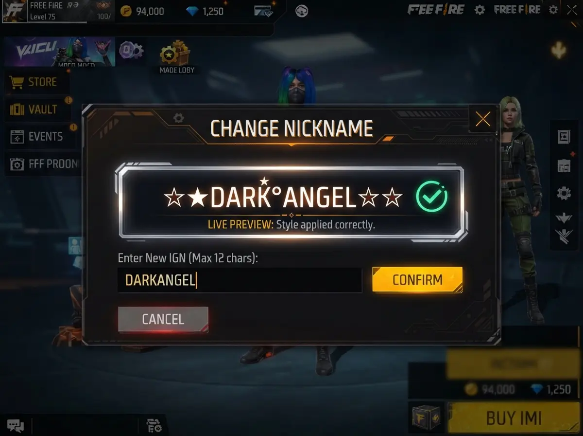 Free Fire naming field showing live preview of styled Unicode name before confirming