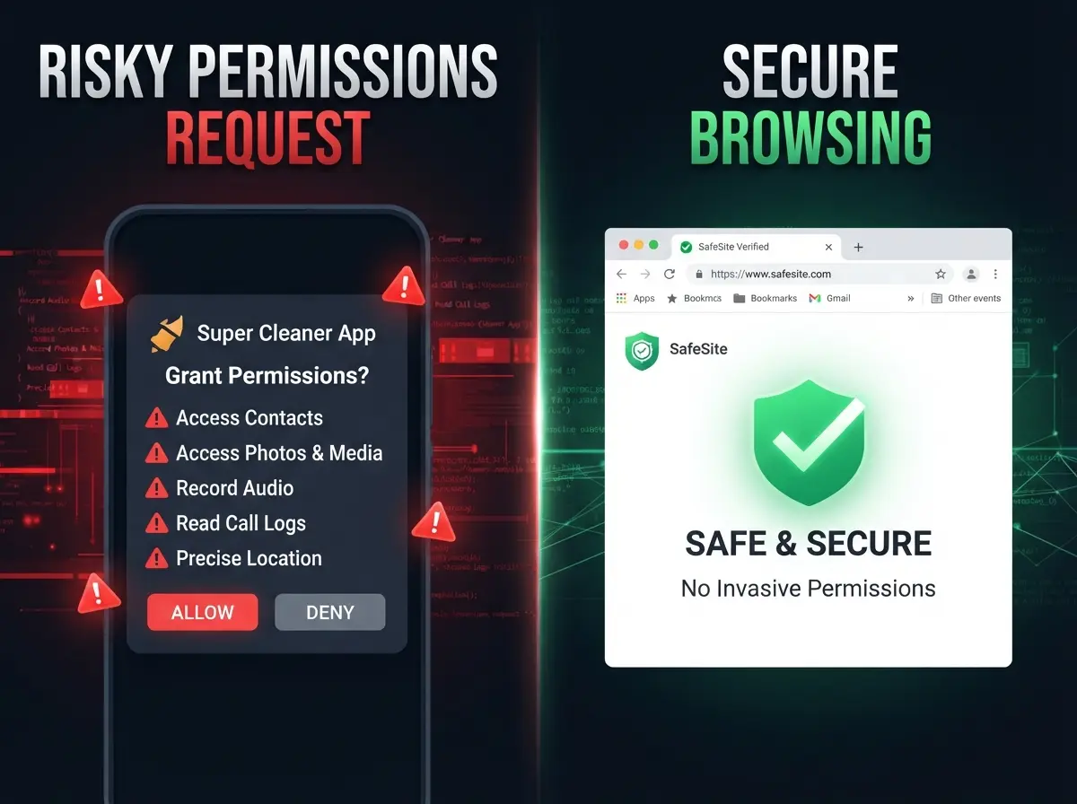 Warning comparison between risky third-party naming app permissions and safe browser tool