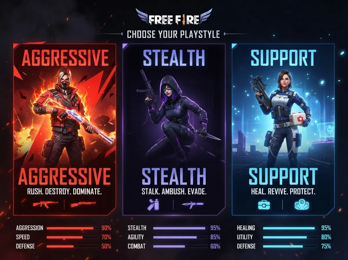 Three Free Fire player identity types shown side by side aggressive stealth support
