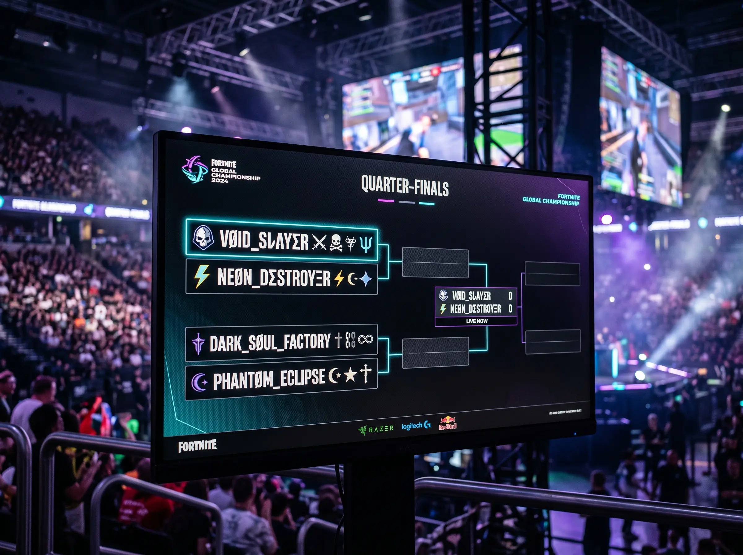 Collection of stylish Fortnite player names displayed in tournament bracket 2026