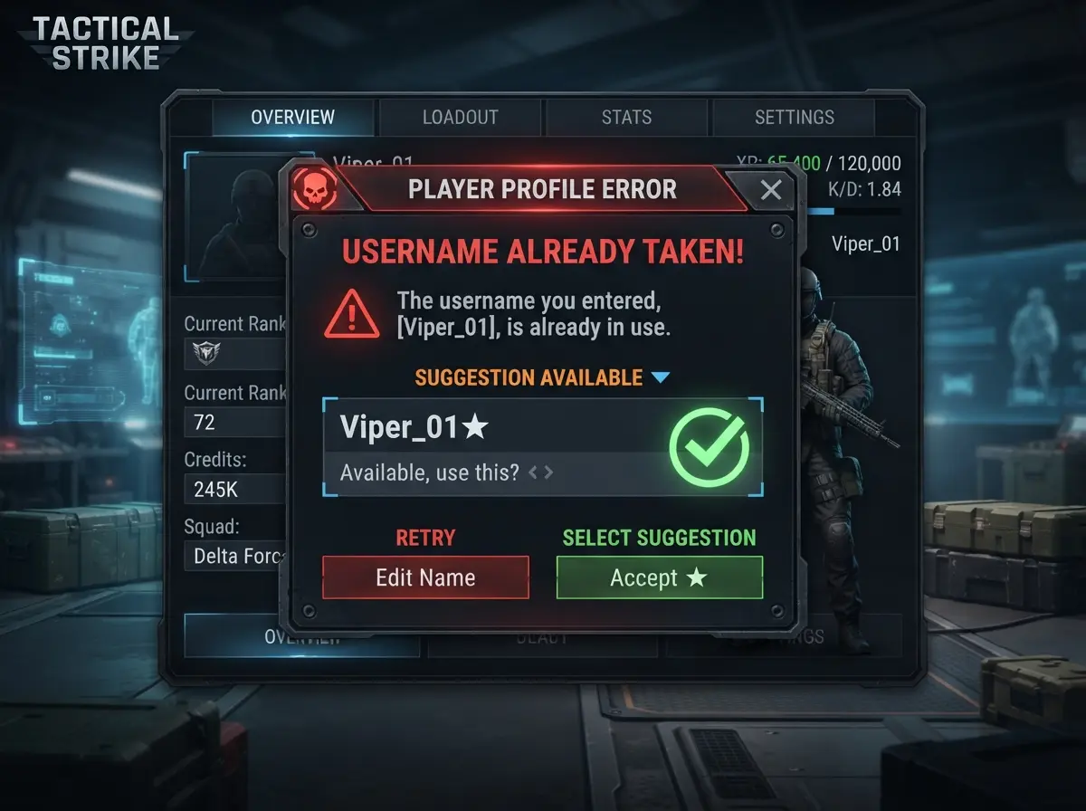 PUBG Mobile username already taken error message with suggested fix 2026