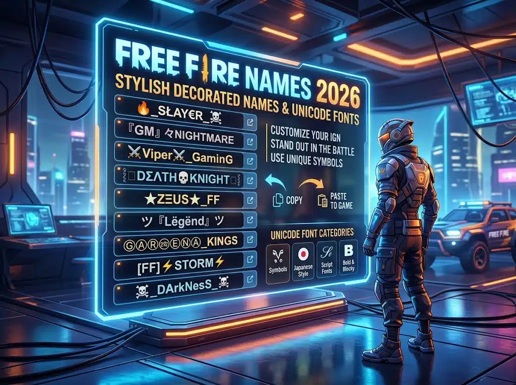 Free Fire names 2026 — stylish decorated names with Unicode fonts for Garena Free Fire | NameFonts