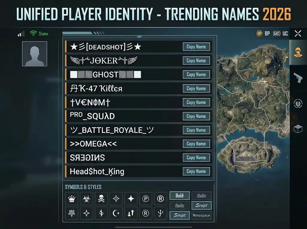 PUBG Mobile gaming names 2026 — decorated Unicode styles and symbols | NameFonts
